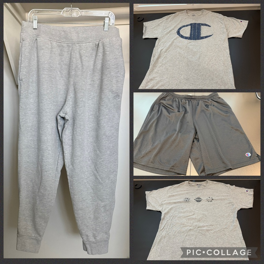 Champion Men’s Bundle: 2 Tees, 1 Black Mesh Shorts, 1 Sweatpants. Size Large.